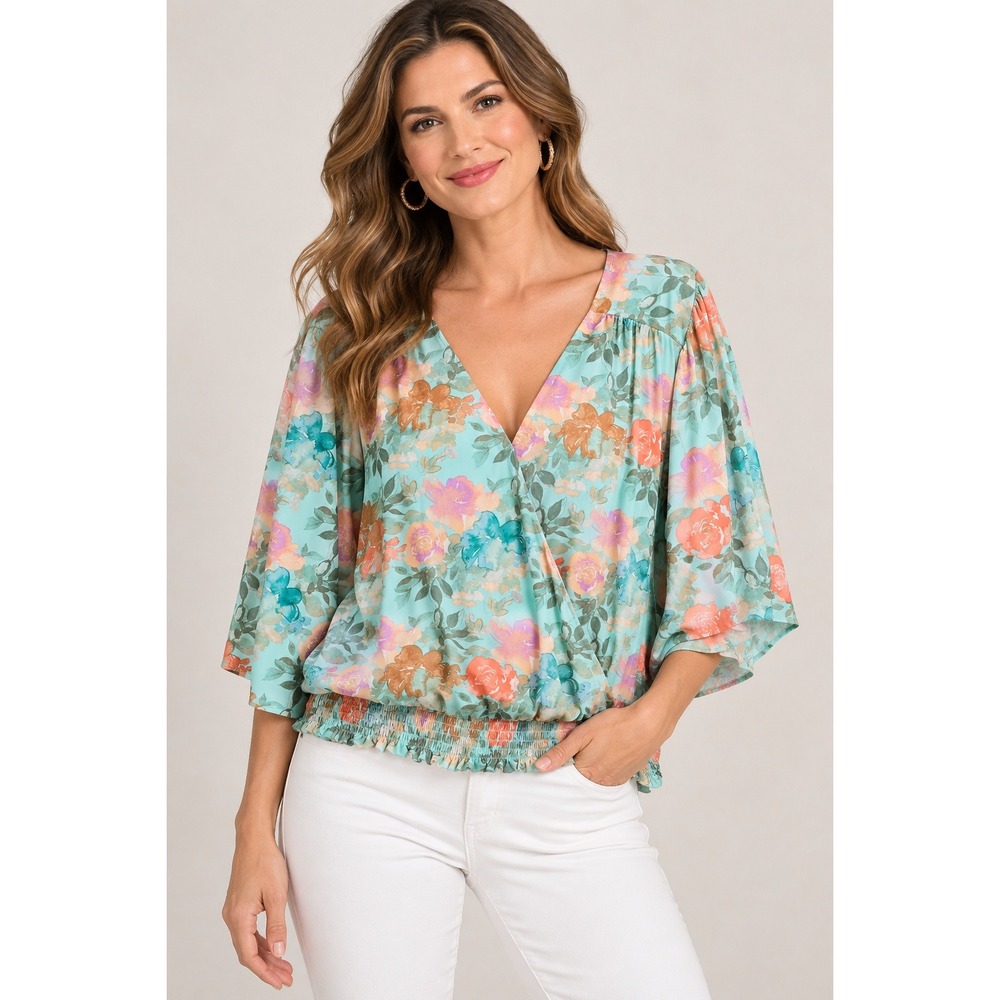 Cato Womens Floral Surplice Blouse Mint Green Smocked Waist Plus Size 22/24W